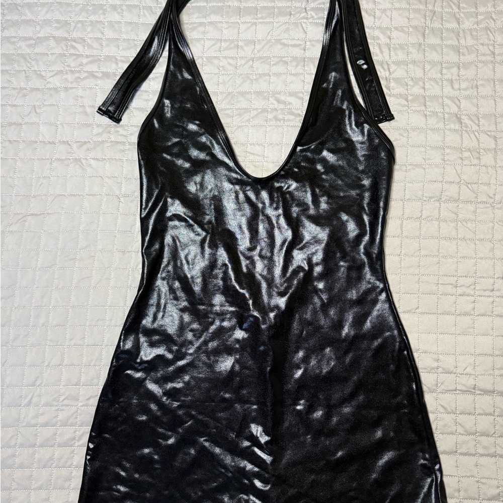 Sleek Black Metallic Halter V-Neck
Short Unitard Jumpsuit